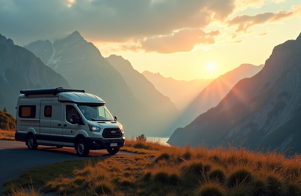 Ein Wohnmobil parkt über Nacht in den Schweizer Alpen bei Sonnenaufgang
