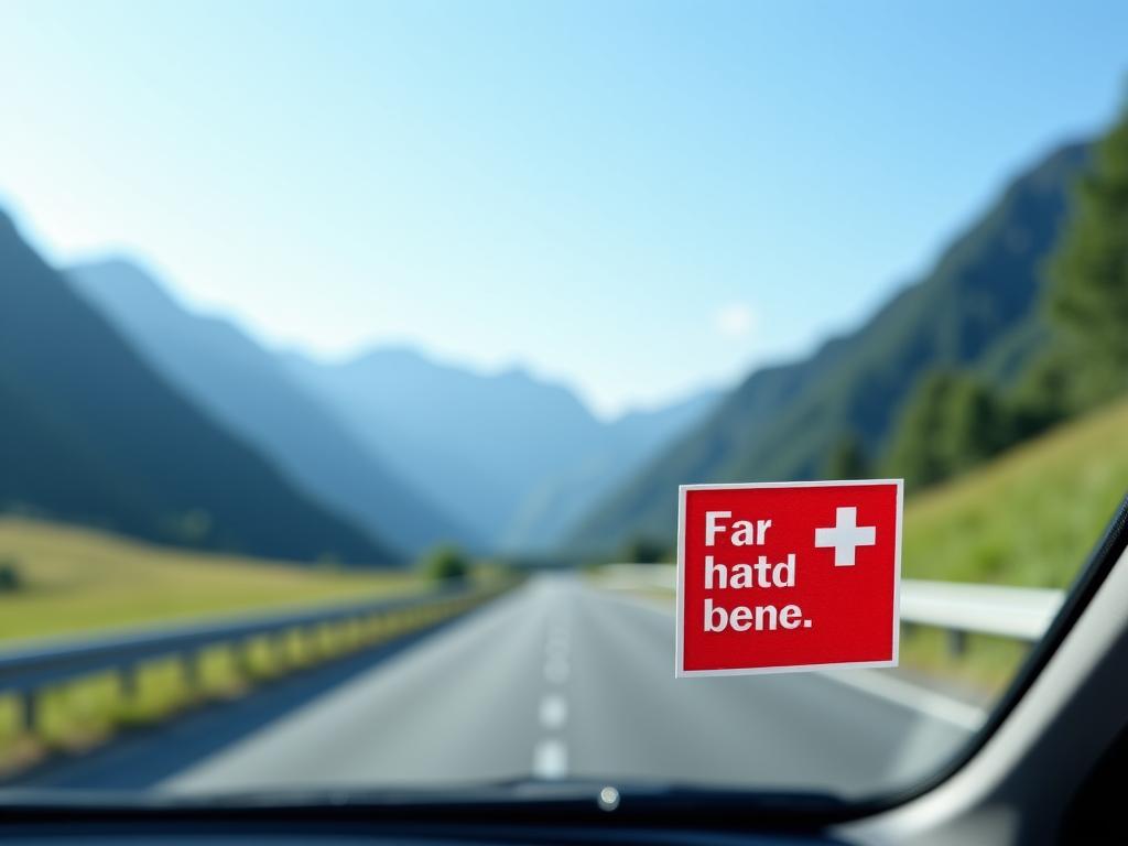 Schweizer Autobahnvignette auf einer Windschutzscheibe mit den Alpen im Hintergrund